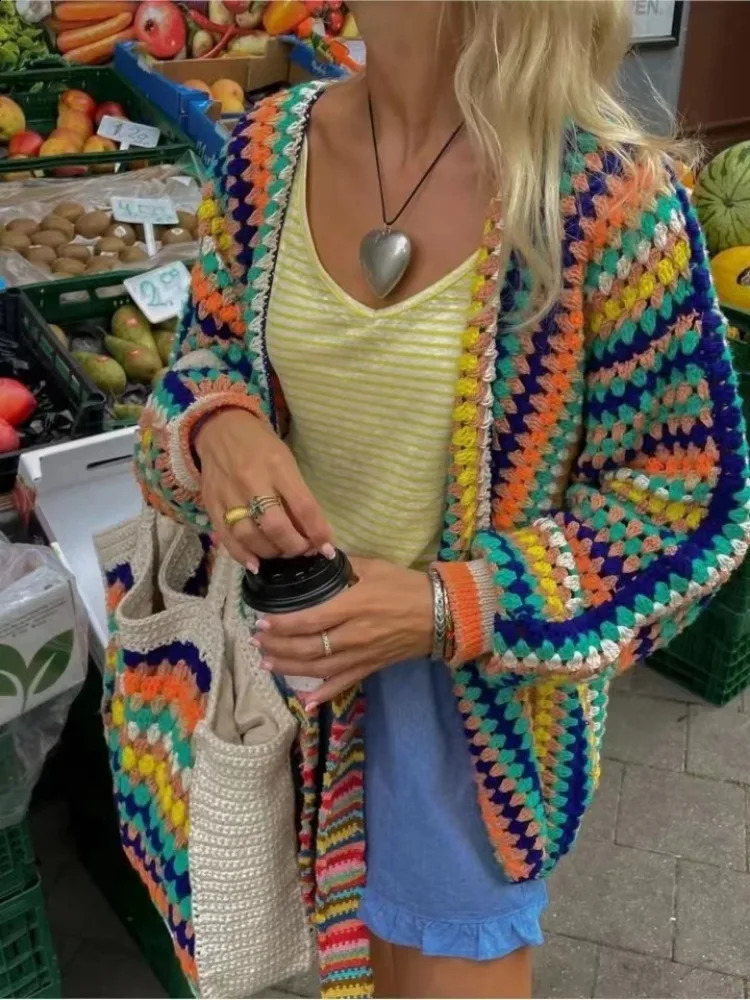Vintage Colorful Striped Knitted Cardigan Women Sweater Long Sleeve Tops Streetwear Coats Harajuku Autumn Jackets Women Clothing 240813