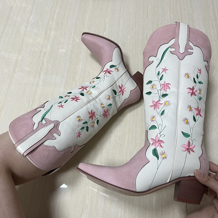 IPPEUM Cowgirl Boots Pink Flower Embroidered Knee Shoes For Women Mid Calf Western Botas Cowboy Mujer Fashion