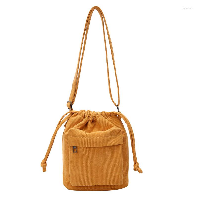 2025 NEW Bag Solid Color Corduroy Simple All-match Drawstring Bucket Retro Shoulder Western Style Messenger For Women zhanyishengli