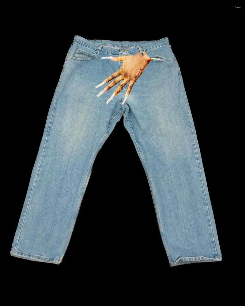 Mens Jeans Hip Hop Hand Print Baggy For Men Vintage Streetwear Slouchy 2000s High Street Y2K Wide Leg Pants Denim Clothing
