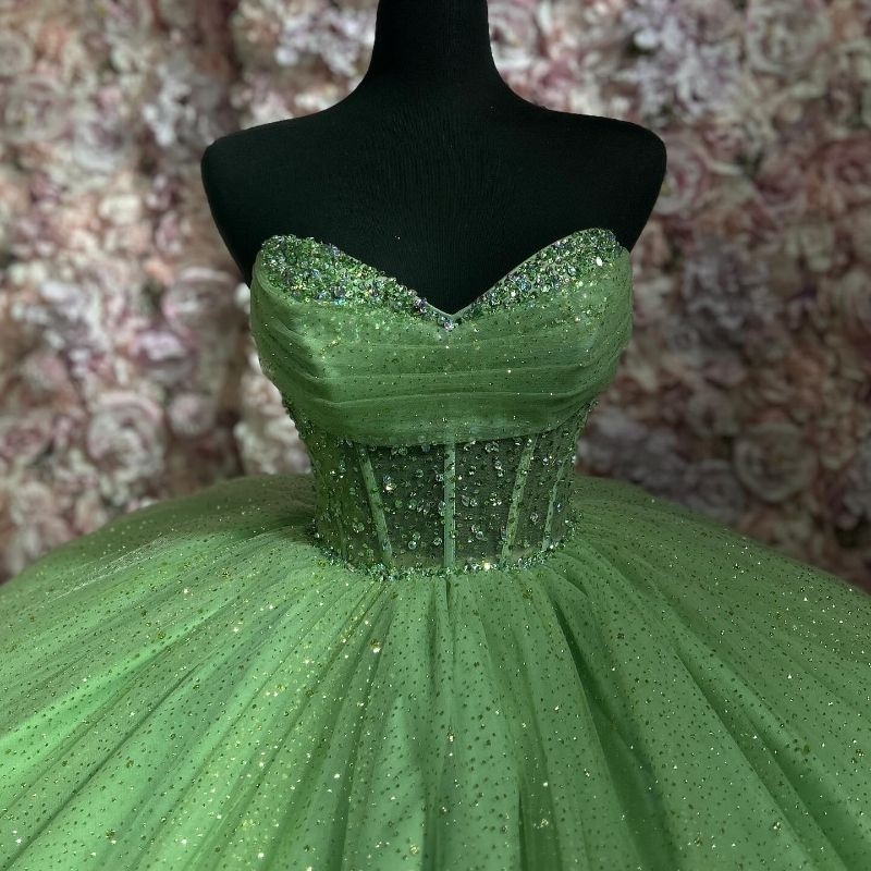 Mint Green Shiny Quinceanera Off The Shoulder Ball Gown Beads Tull Corset Sweet 15 Vestidos De XV Anos Party Princess 16 Dress