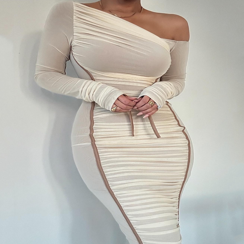 Mozision Diagonal Collar Long Sleeve Midi Dress For Women Two Layer Mesh Backless Ruched Bodycon Club Party Sexy Long Dress 240816