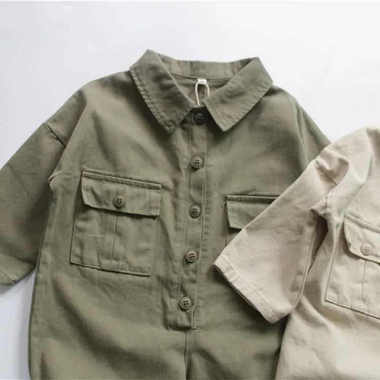 Autumn New Korean Style unisex childrens long sleeved solid color pocket toddler jumpsuit W240806