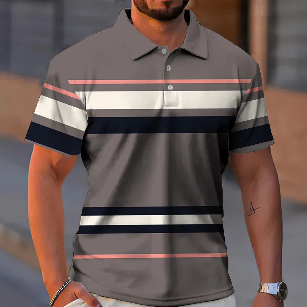 Business Casual Golf Mens Polo Shirts Summer Fashion Short-Sleeve T Shirt Gradient Line Printing Tops Daily Oversized Poloshirt 240816