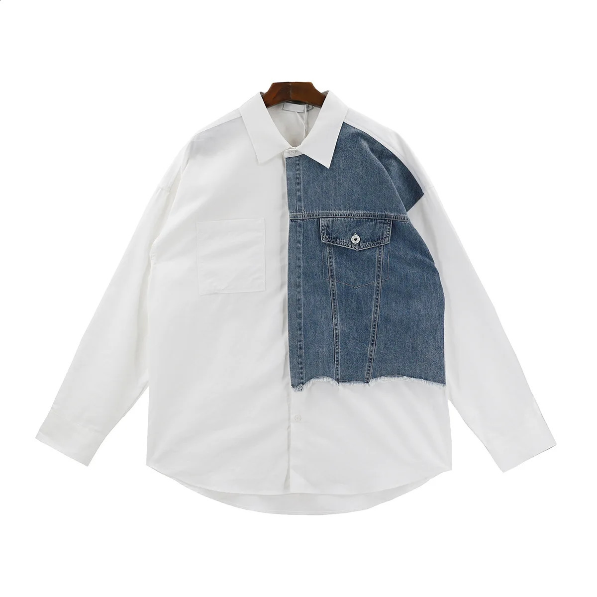 Denim Patchwork White Shirt Men Lapel Long Sleeve Button Loose Tops Spring Autumn Fashion Vintage Shirts Streetwear Male 240816