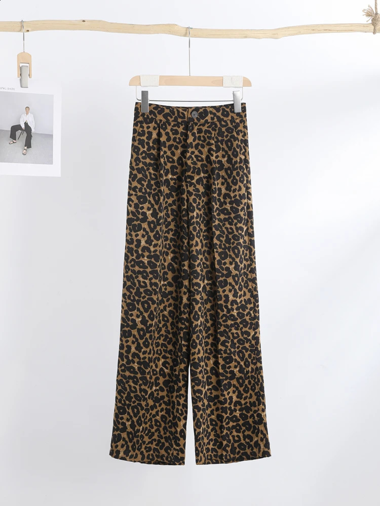 Y2k Leopard Pattern Womens Pants Spring Chic Loose High Waist Wide Leg Black Fashion Street Jean Trousers 240819