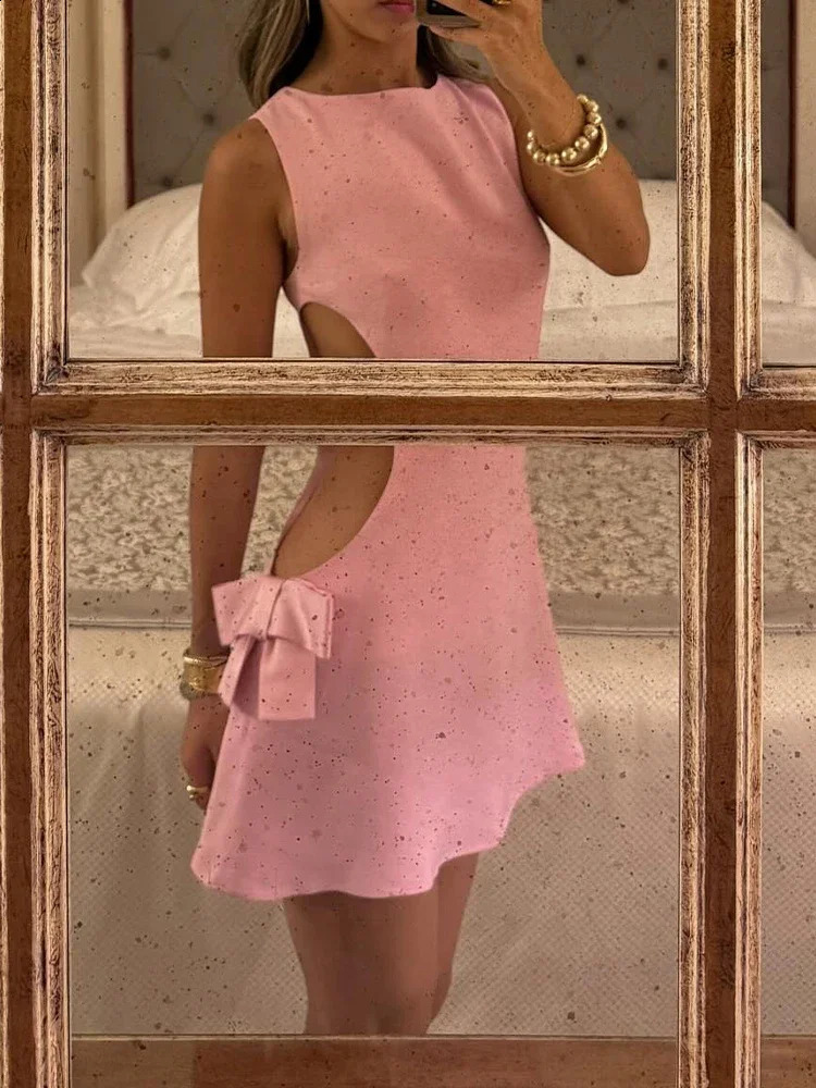 Sexy Hollow Out Bow Pink Mini Dresses Elegant Cut Out O Neck Sleeveless Short Robes 2024 Female Club Party Streetwear Dress 240816