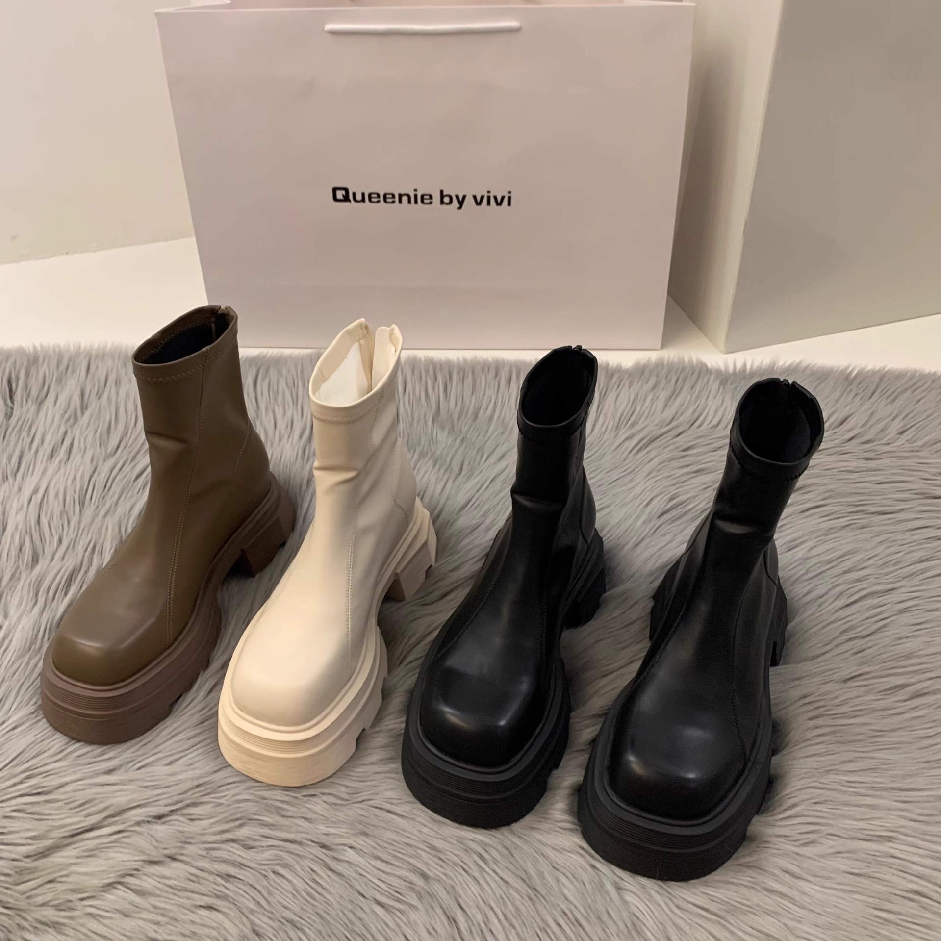 Women's thick soled white square toe Martin boots