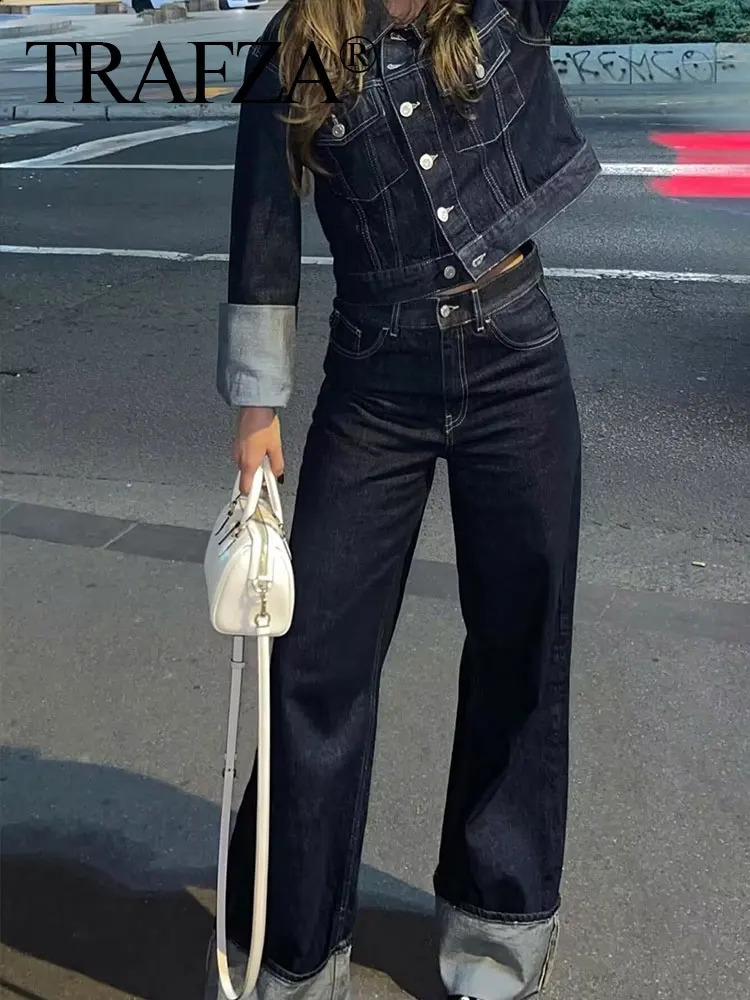 TRAFZA Womens Fashion Denim Jacket Pants Set Long Sleeve Single Chest Pocket Straight Trouser Jeans Office Womens Set 240821