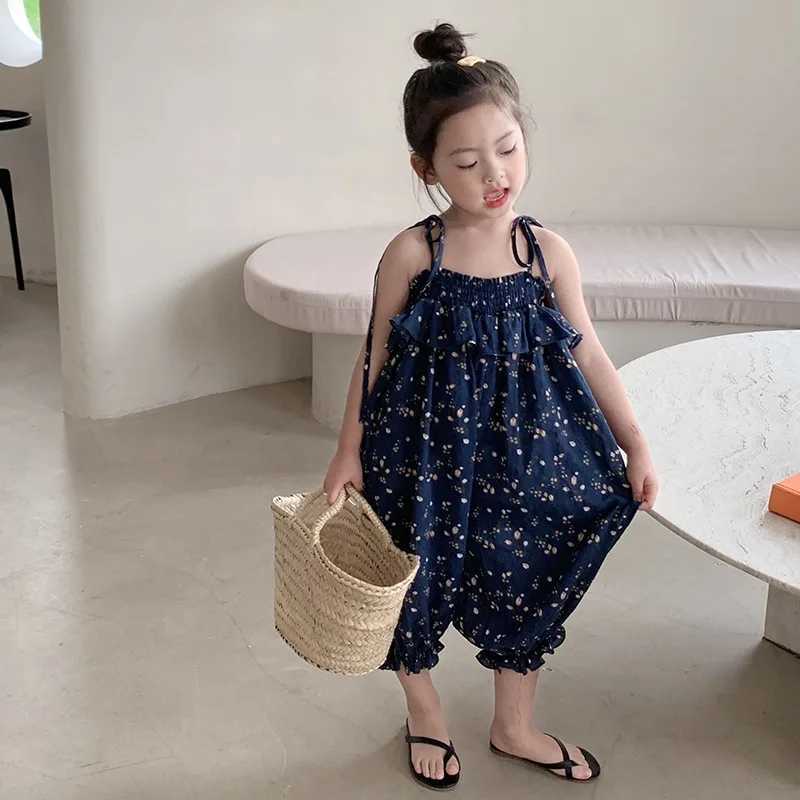Summer girls floral print pendant jumpsuit childrens Trouser tight fitting casual jumpsuit lace top jumpsuit loose bud pants 3-8T W240806