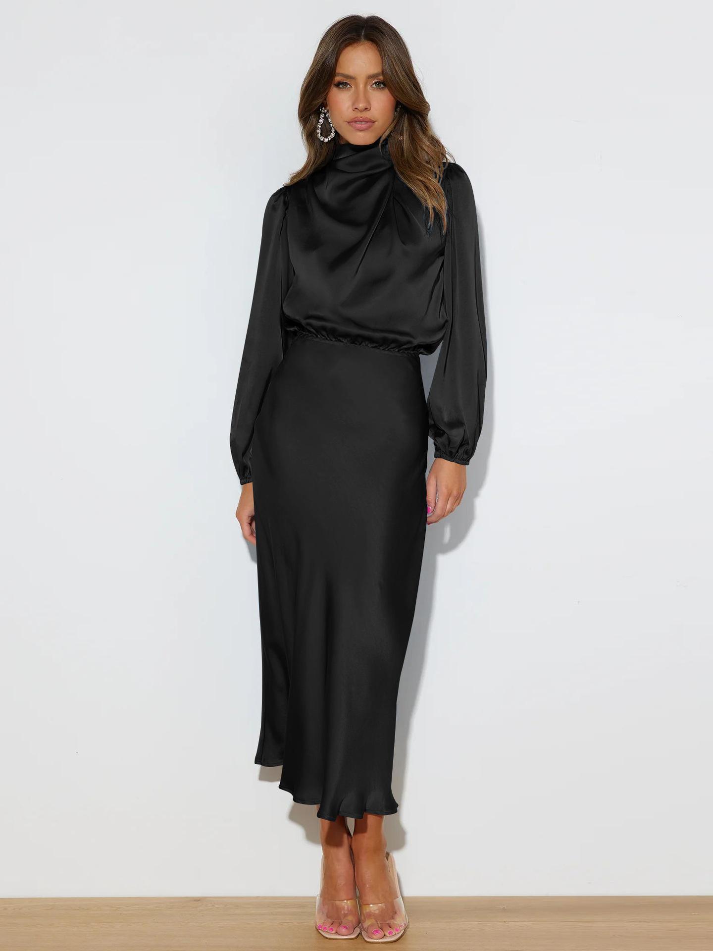 Autumn New High-end Satin Long Sleeved Loose Dress with Elegant Temperament Womens Evening Gift Dress