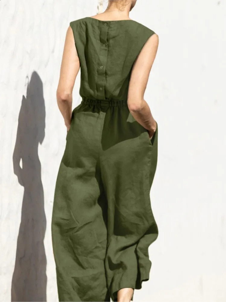 Cotton And Linen Jumpsuit Women Solid Color Sleeveless Pocket High Waist Wide Legs Jumpsuits Casual Commuting Ladies Bodysuits 240816