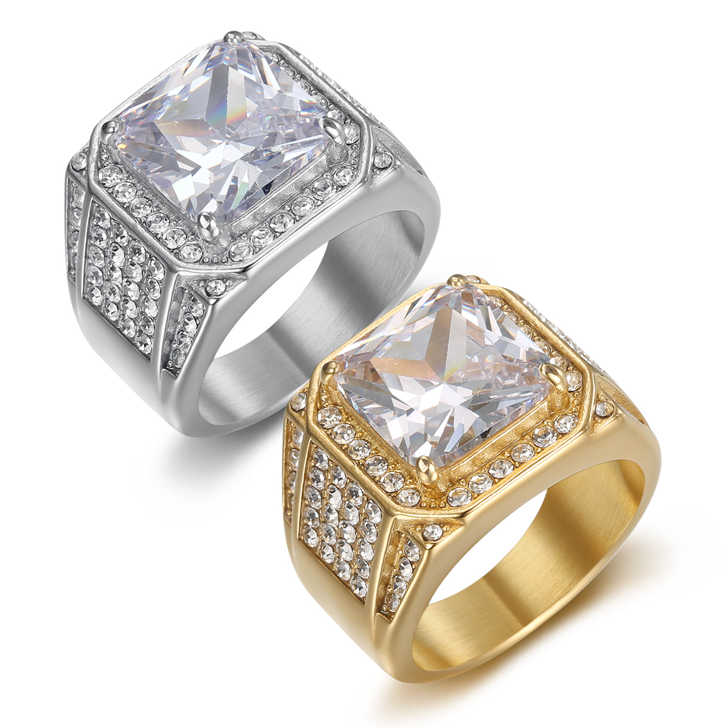 Hip Hop 316LStainless Steel Square Ring Titanium Steel Gold Plated Mens Jewelry