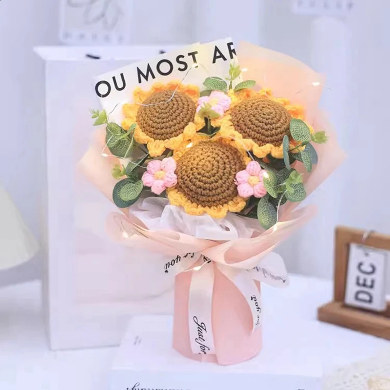 Finished Crochet Flowers Bouquet Handmade SunFlower Bouquet Valentines Gift Wedding Decor Knitted Flower Bouquet with Gift Bag 240819