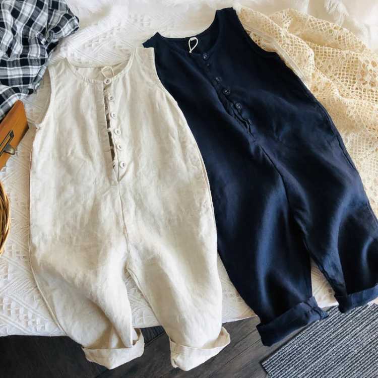 2024 summer new unisex childrens all inclusive Korean style linen sleeveless baby boy and girl jumpsuit childrens clothing casual Trouser W240806