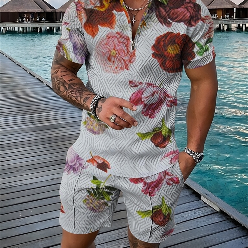 Flower 3D Print Polo Shirts Shorts Sets Mens Fashion Floral Oversized Short Sleeve Shirt Pants Set Suits Man Tracksuit Clothing 240816