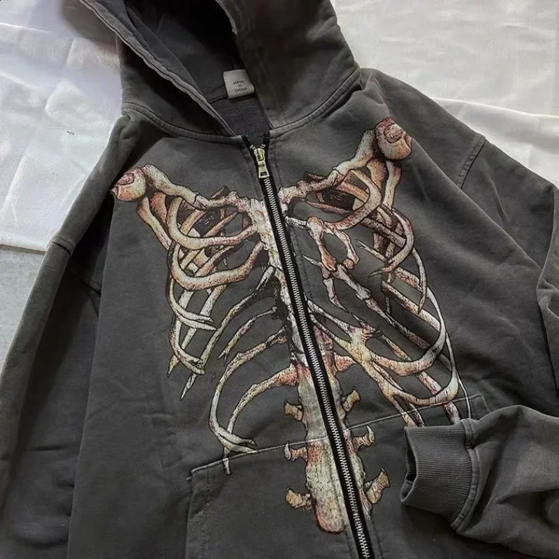 Sweatshirts for Man Hip Hop Full Zip Up Mens Clothing Hooded Punk Emo Skeleton Graphic Rock Aesthetic Hoodies Sweat Shirt 240816