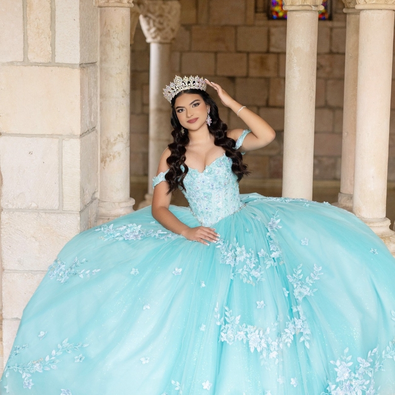 Water Blue Off The Shoulder Princess Ball Gown Quinceanera Classic Applique Lace Beads Tull Sweet 16 Dress Vestidos 15 De