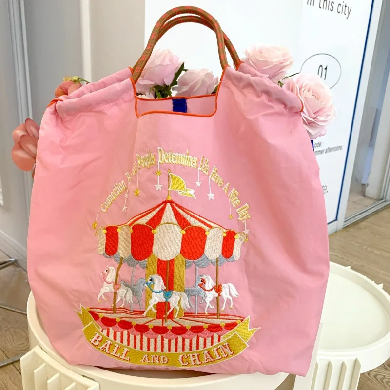 Cat Embroidery Eco Bag er Bags for Women Shoulder Bag Ball Tiger Shopper Tote Rope Handle Handbags and Purses Animal Hobo 240819