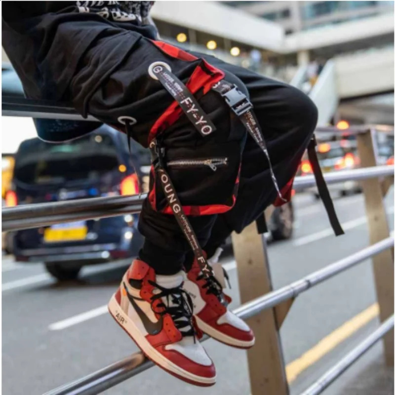 Mens Cargo Pants Casual Hip Hop Hit Color Multiple Pockets Trousers Streetwear Ribbons 240819