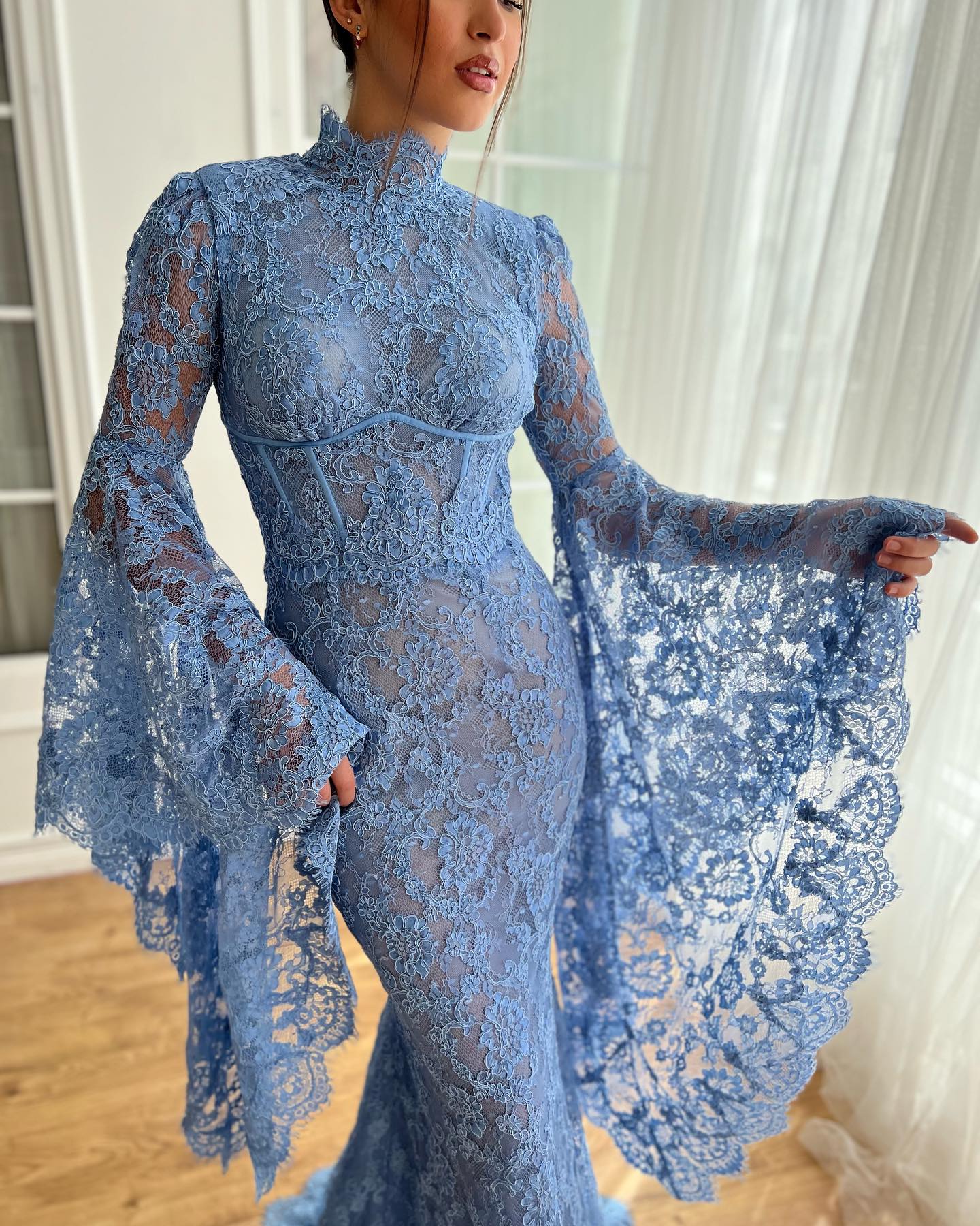 Elegant Arabic Lace Evening Dresses With Long Sleeves Prom Gowns Mermaid High Necke Or Length Muslim Formal Wear 0218