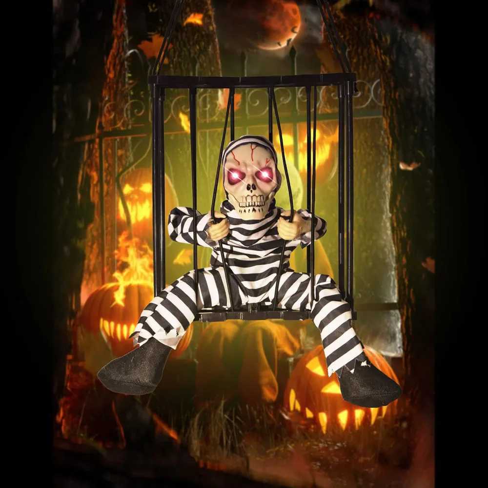 Halloween Scary Skeleton Prisoner Talking Let Me Out With Light Animatronic Prank Speaking Props Hangable Ghost Halloween Decor CL240819