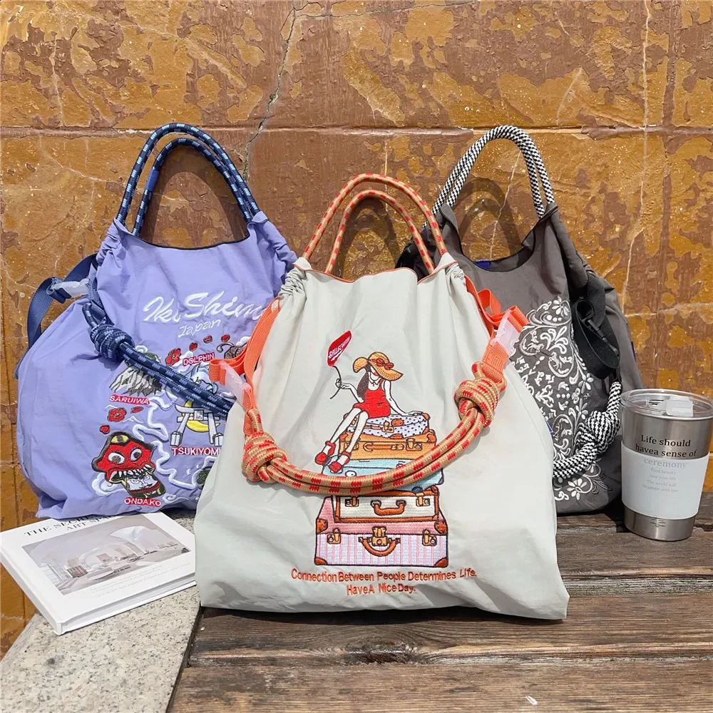 3 Overlarge Embroidery Shoulder er Eco Bags for Women Rope Handle Handbags Drawstring Bag Reusable Shopper Tote 240819 4