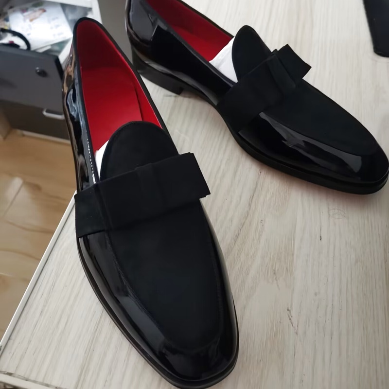 Italy Style Black Men Patent Leather Fashion Bowtie Loafers Men's Flats Dress Handmade Party And Wedding Shoes 241117