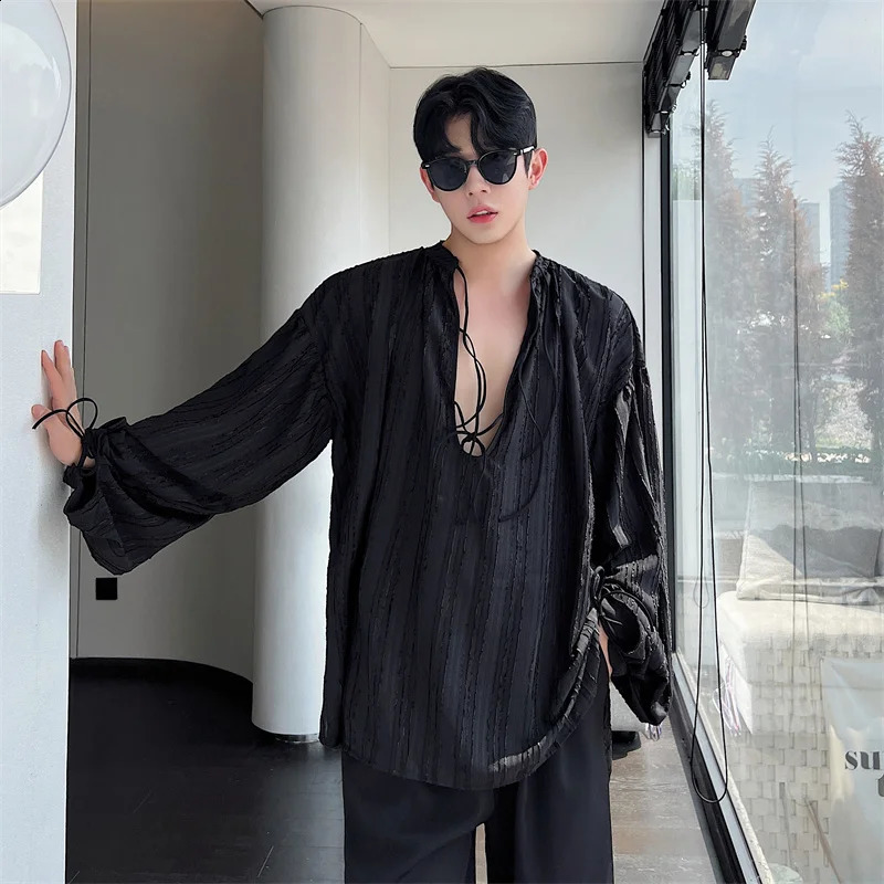 NOYMEI Korean Ruffian Flocking Dark Pattern Tie Breathable Lantern Sleeve Shirt Sexy Spring Mens Top WA4084 240816