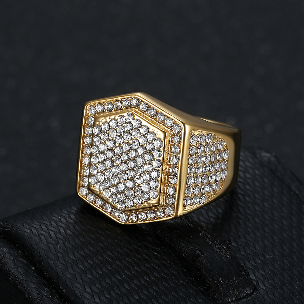 Hip Hop 316LStainless Steel Hexagon Ring Titanium Steel Gold Plated Mens Jewelry
