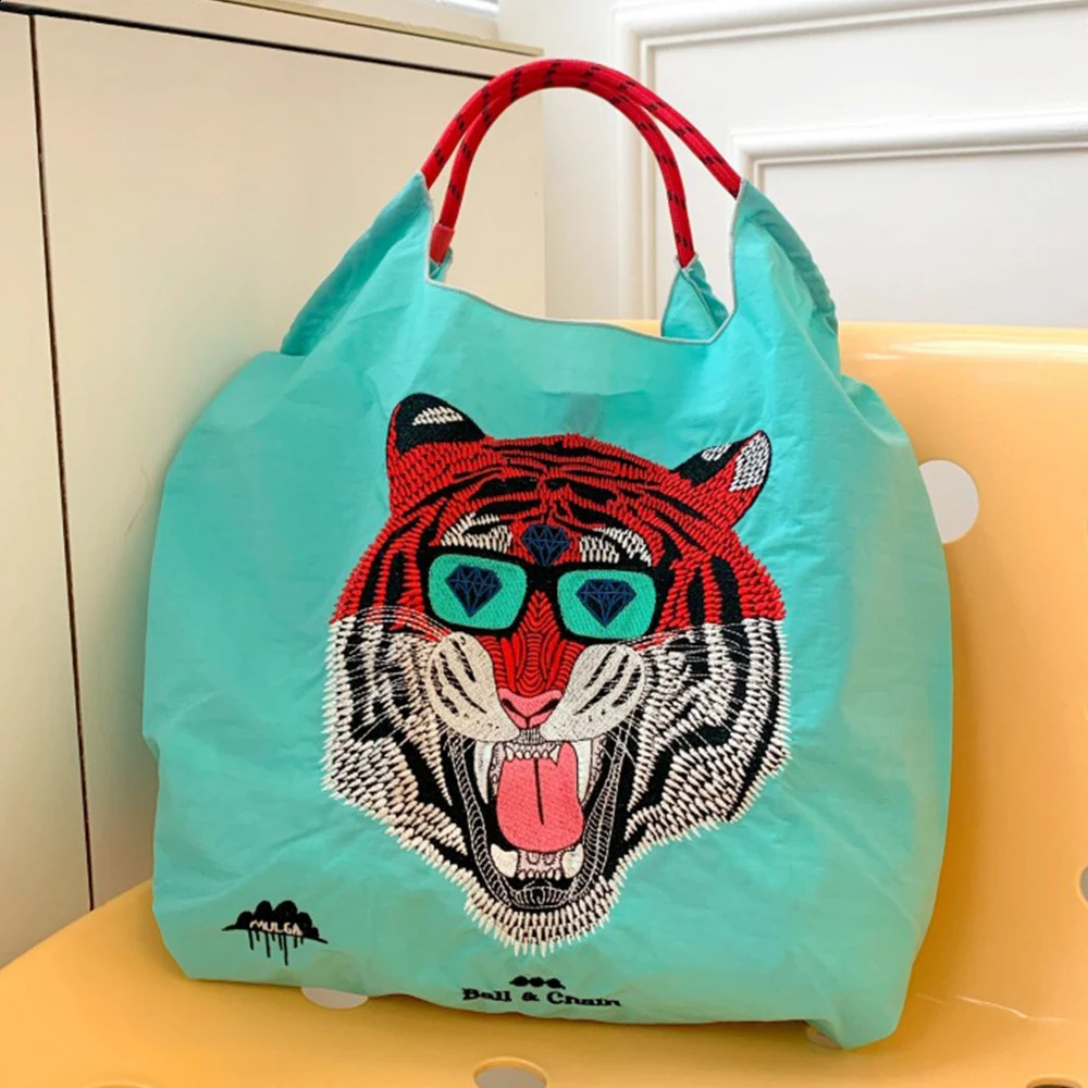 Cat Embroidery Eco Bag er Bags for Women Shoulder Bag Ball Tiger Shopper Tote Rope Handle Handbags and Purses Animal Hobo 240819