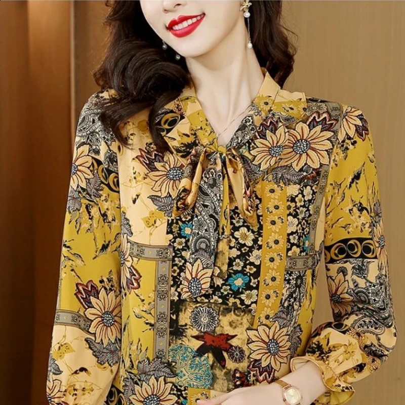 SpringSummer Korean Edition Elegant Loose Long Sleeve Printed Vneck Bow Womens Top 240814