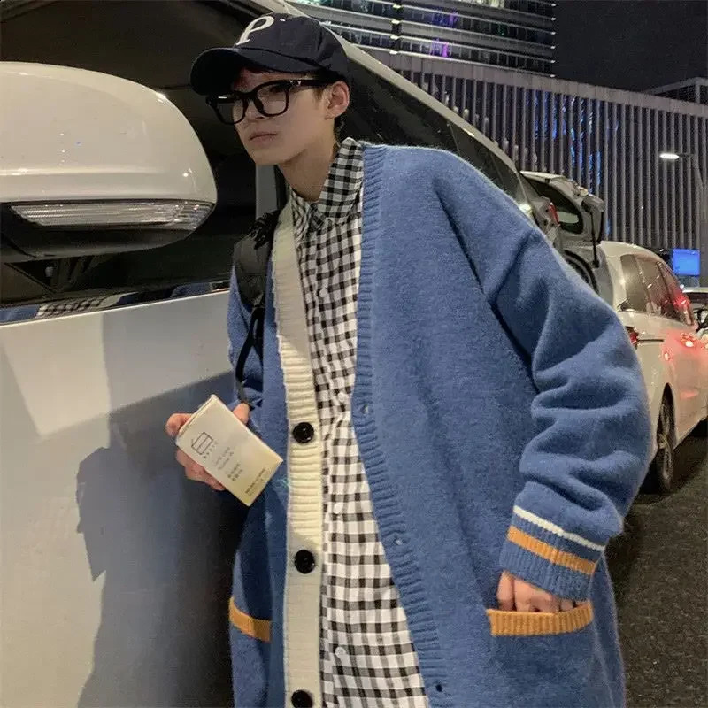 Cardigan Man Clothes V Neck White Knitted Sweaters for Men Striped Black A 90s Vintage Long Sleeve 100% Pull Oversize Tops 240816