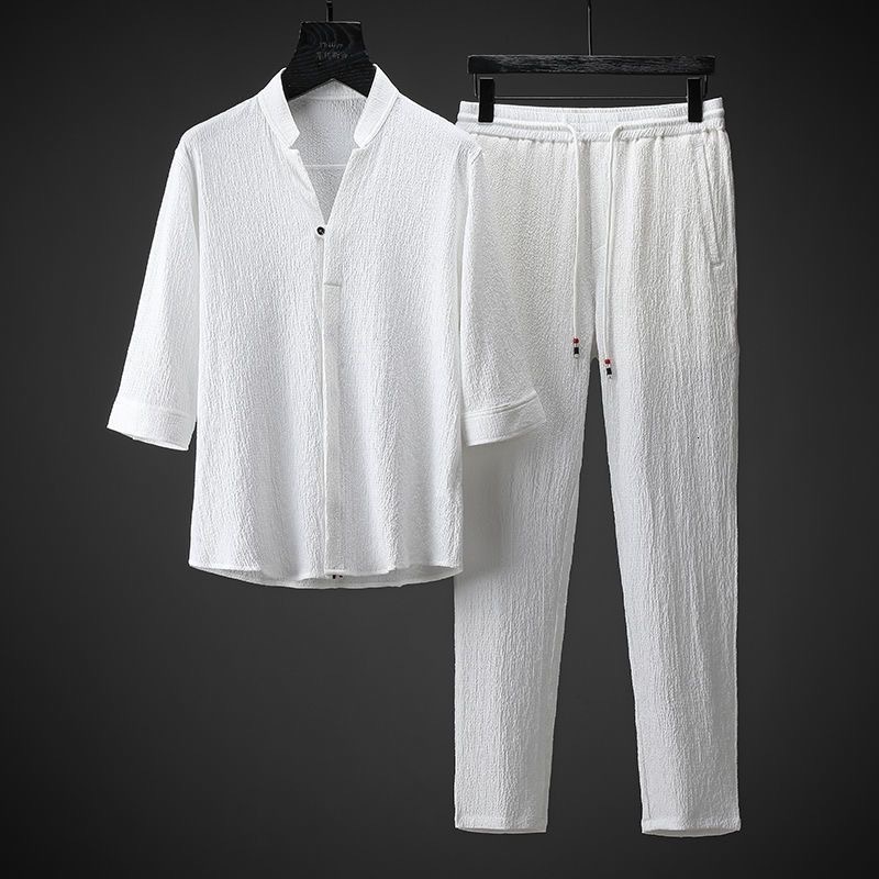 Summer Solid Color Cotton Linen Set for Mens Casual Relaxing Comfortable Breathable Large Size Two piece M4XL 240816