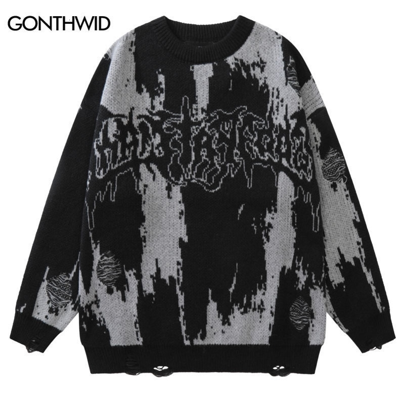 Hip Hop Ripped Sweaters Grunge Y2K Vintage Knitted Punk Gothic Streetwear Jumpers Men Women Harajuku Fashion Pullover 240816