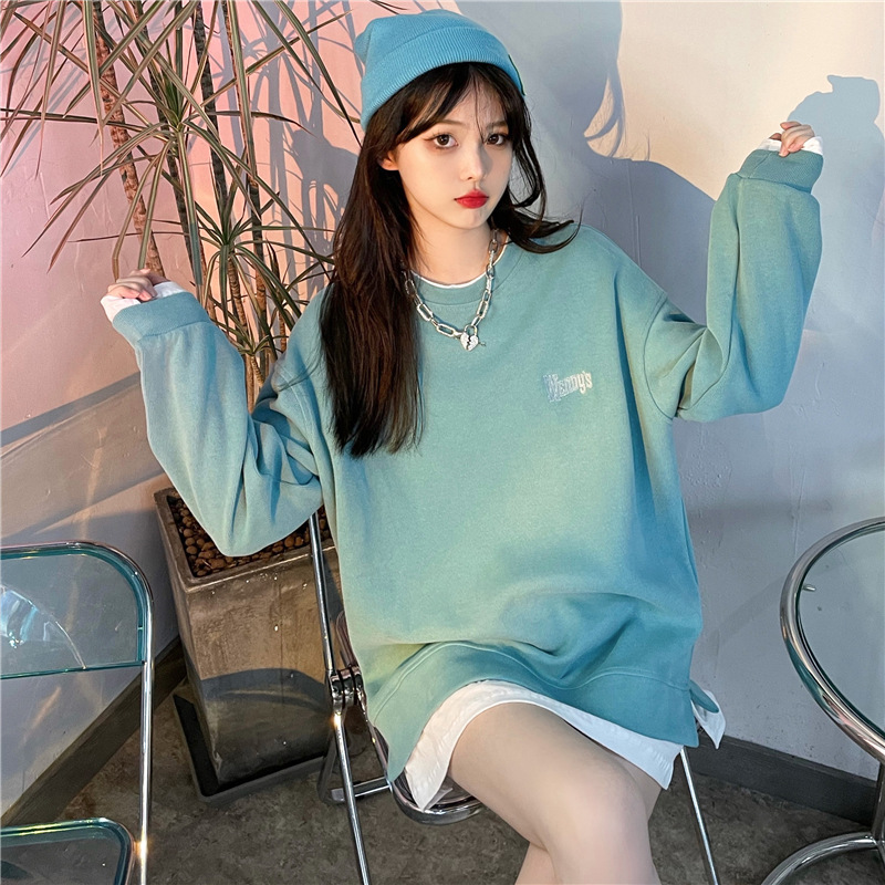 2024 autumn Korean version letter embroidery fake two thin style loose slit long sleeved hoodie women's pullover top 5e3cf