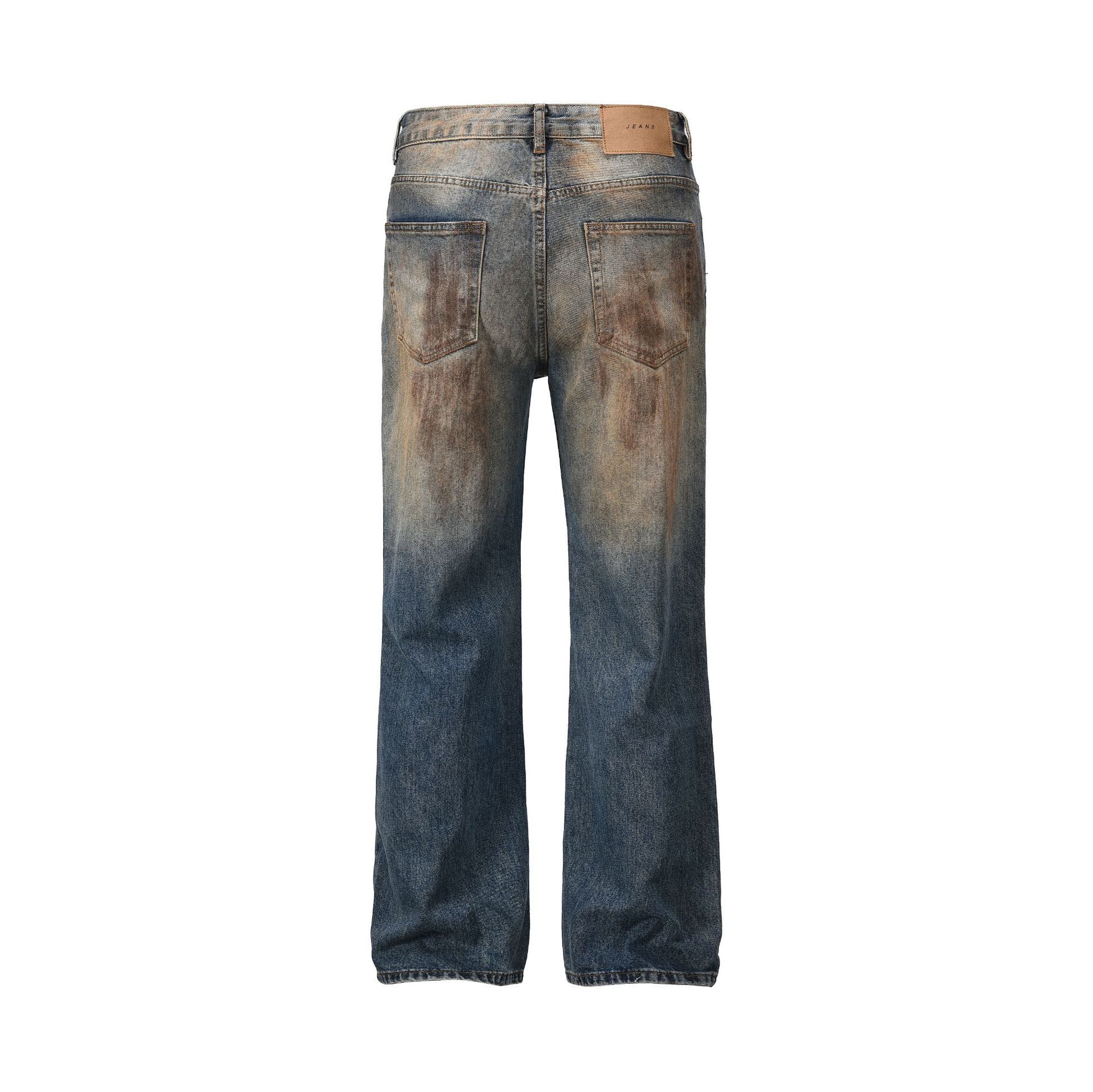 Style Street High Street Heavy Industry Yellow Mud Dyed Hole Distressed Jeans for Both Men and Women