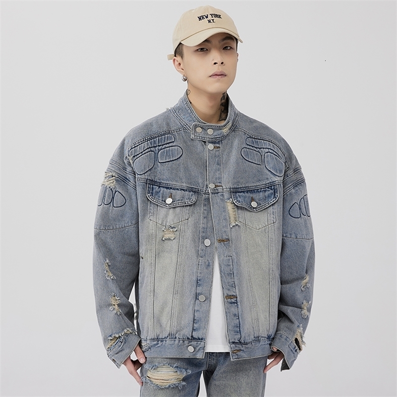 washed distressed denim jacket for men fashion trend label loose oversized American retro workwear casual hip-hop denim top 240816