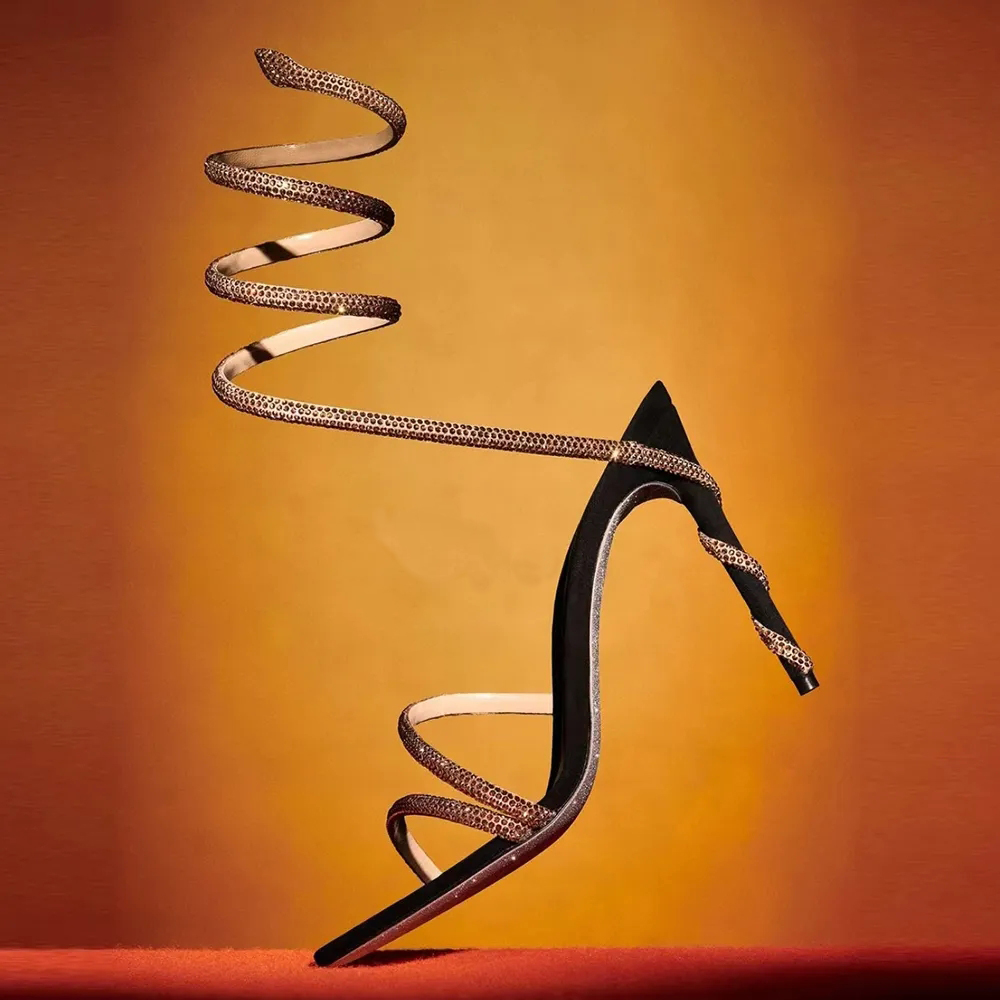 Luxury Designer Brand Sandals 95mm Crystal inset snake Strap Women's High Heels Rhinestone Wrapped High Heels Party Dress Shoes Factory Shoes With box