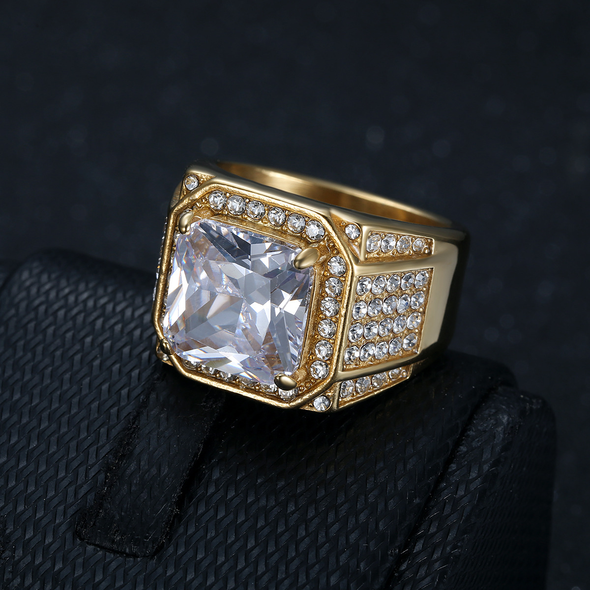 Hip Hop 316LStainless Steel Square Ring Titanium Steel Gold Plated Mens Jewelry