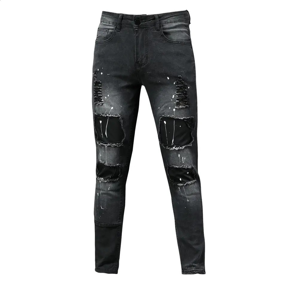Y2k Mens ripped skinny style Black Ripped Slim High quality Pencil Biker zipper jeans Hip hop pants 240819