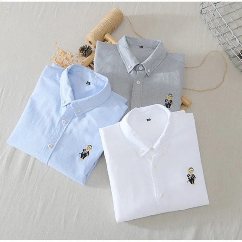 High Quality 100% Cotton Japanese Solid Color Casual Long Sleeved Shirt Little Bear Embroidery Fit Shirt Jacket GZ10