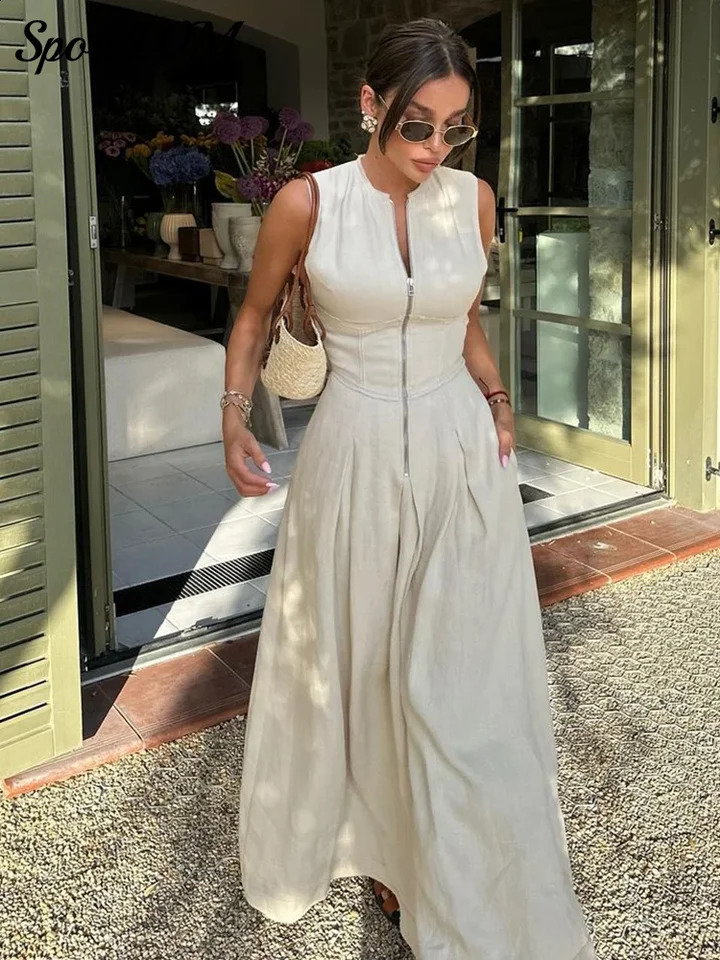 Fashion Sleeveless Spliced Zipper Maxi Dress Elegant V-neck High Waist Slim Pleated Long Dresses Summer Office Lady Street Robes 240816