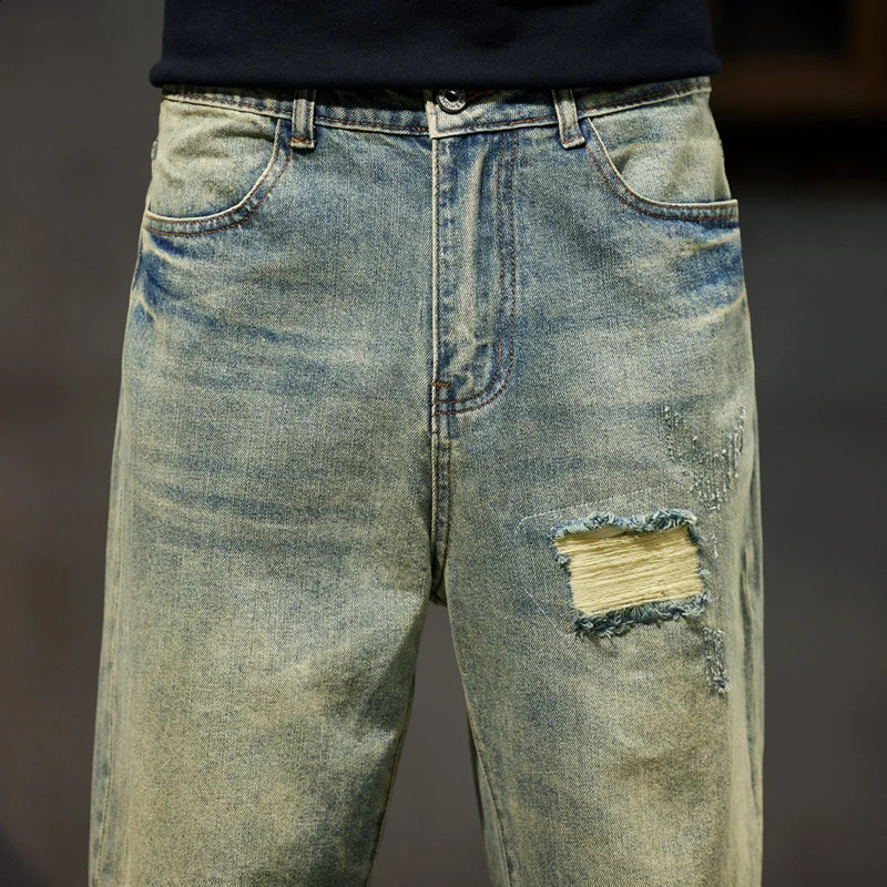 Ripped Jeans Men Loose Fit Retro Blue Baggy Jeans Distressed Hip Hop Denim Pants Streetwear Biker Moto Patchwork Frayed Jeans 240816