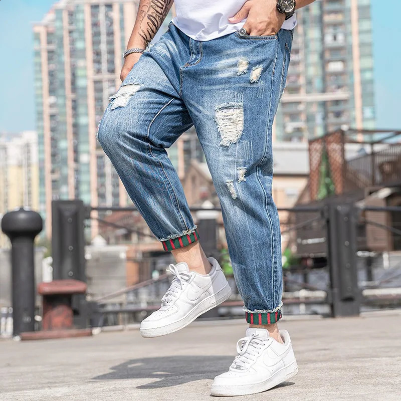 Mens ripped jeans black Distressed Plus size 44 48 denim big blue cotton jogging pants harem hiphop Trouser 240816