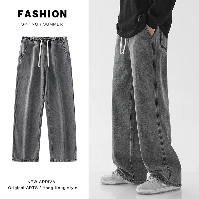 Oversized Wide Leg Jeans Mens Spring Summer Trend Ins Straight Loose Elastic Waist Casual Streetwear Baggy Trousers Male 240816