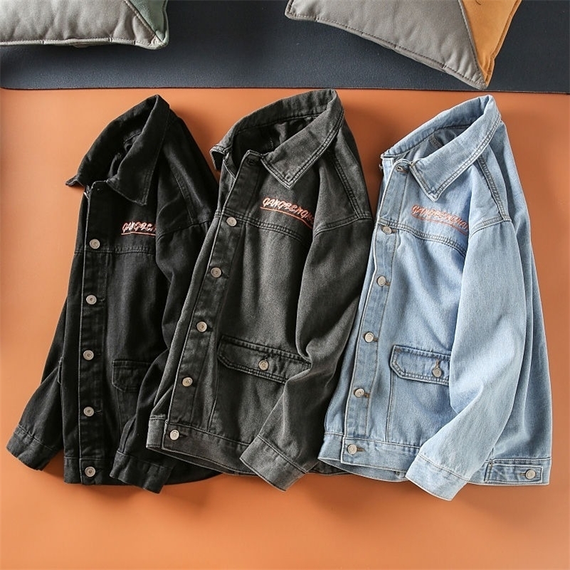 Y2K Harajuku Style Fashion Washed Old Young Men Vintage Hip Hop Letters Embroidered Lapels Casual Denim Jacket 240816