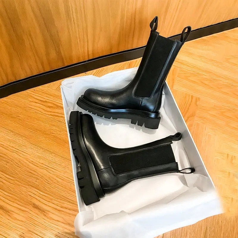 Classics Black Ankle Boots Autumn Winter Shoes Genuine Leather Platform Short Slip on Elastic Band