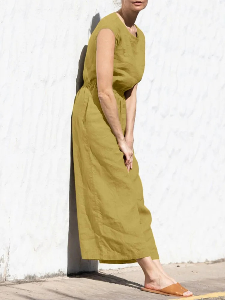 Cotton And Linen Jumpsuit Women Solid Color Sleeveless Pocket High Waist Wide Legs Jumpsuits Casual Commuting Ladies Bodysuits 240816