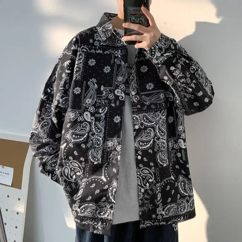 Trendy Spring Autumn Vintage Jacket Waist Full Print Loose Fit Long Sleeve Shirt For Men High Street West Style 240816